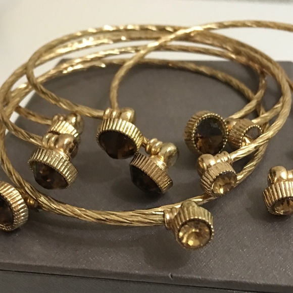 6 Brown/Amber Rhinestone Cable Cuff Gold Bracelets - Picture 7 of 8